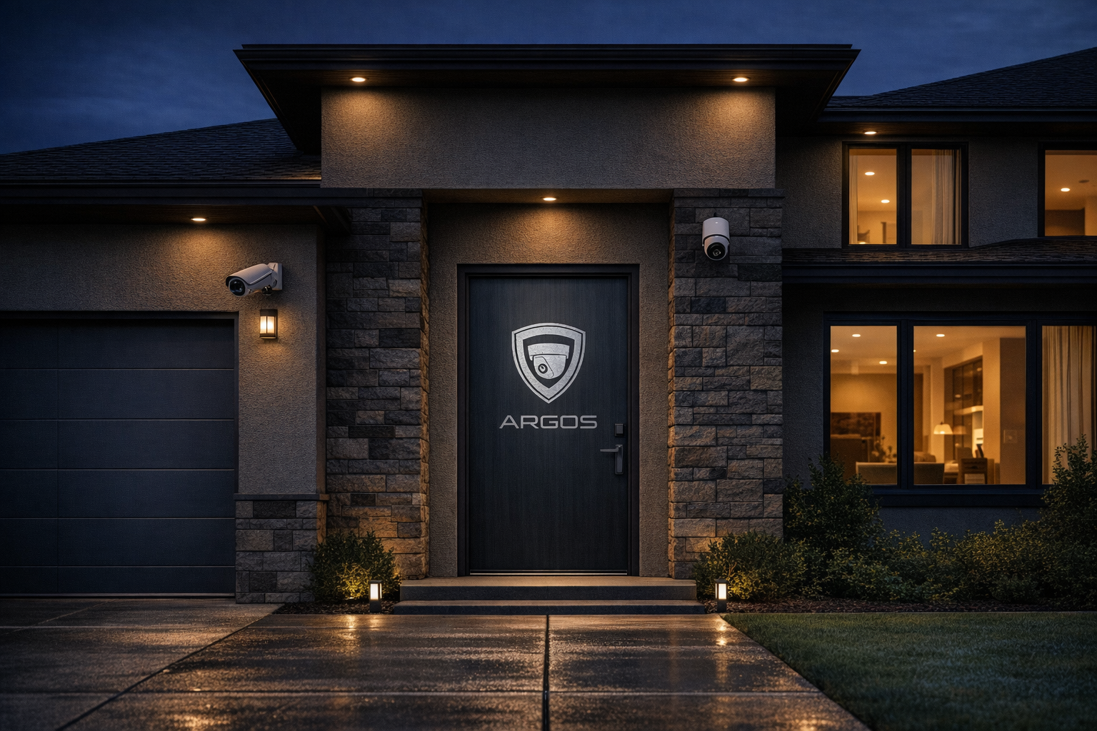 Casa de noche con puerta central, una cámara en la entrada, otra en el garage y el logo de Argos en la puerta